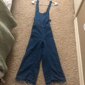 Denim cutoff jumpsuit; size 2